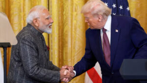 US President Donald Trump and Indian Prime Minister Narendra Modi shake hands as they attend a joint press conference at the White House in Washington, DC, US, February 13, 2025. Photo: Reuters
