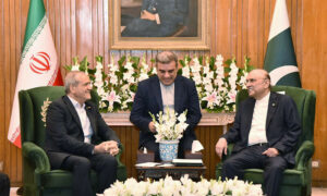 Iranian President Masoud Pezeshkian and President Asif ali Zardari meet at the Presidency in Islamabad on August 3. — The Presidency