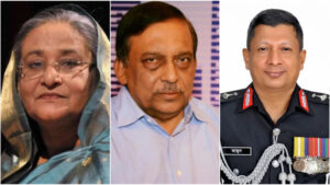 From left ousted former prime minister Sheikh Hasina, former home minister Asaduzzaman Khan Kamal and former inspector general of police Chowdhury Abdullah Al Mamun, all of them are accused in the case. Collage: TBS