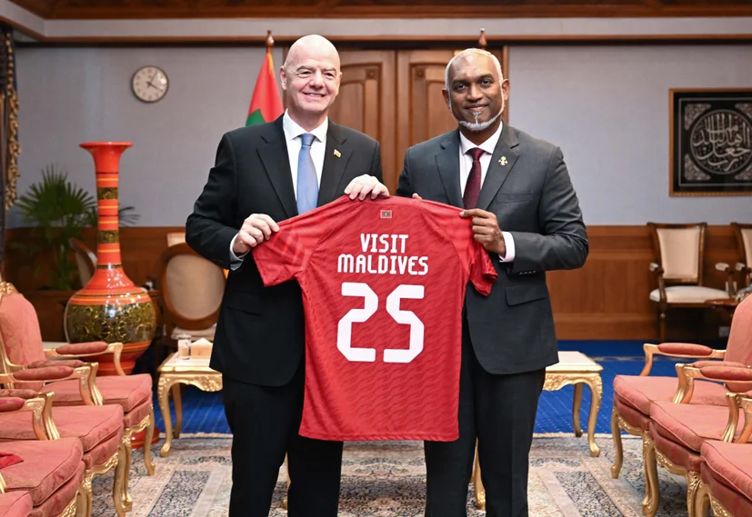 Infantino gifting the official World Cup football to President Muizzu -- Photo: President's Office