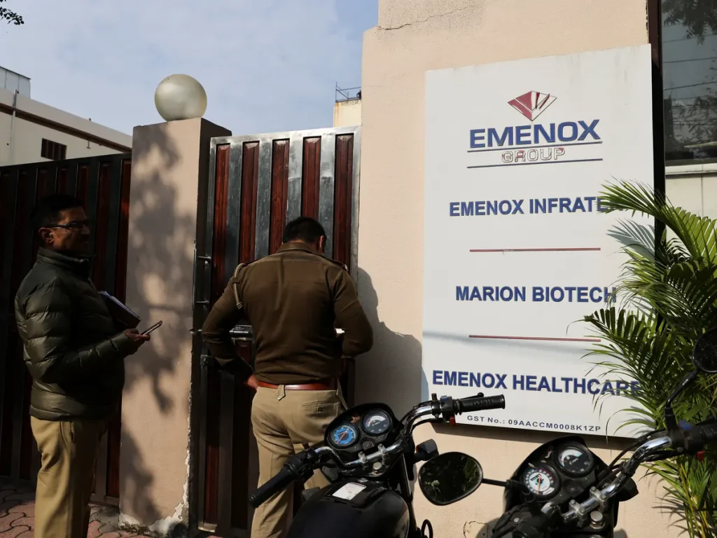 Police is seen at the gate of an office of Marion Biotech, a healthcare and pharmaceutical company and a part of the Emenox Group, whose cough syrup has been linked to the deaths of children in Uzbekistan, in Noida, India, December 29, 2022. (Reuters)