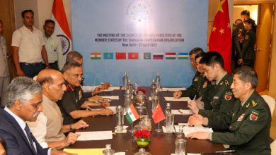 Chinese Defence Minister Li Shangfu and his Indian counterpart Rajnath Singh along with their officials are pictured during their meeting at the Shanghai Cooperation Organisation (SCO) meet in New Delhi, India, April 27, 2023.