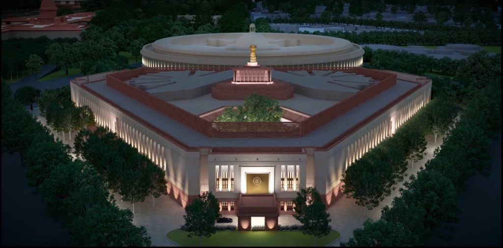 The new parliament building is present in New Delhi, India.