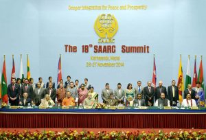 Leaders of the member countries of SAARC – the South Asian Association for Regional Cooperation – at the summit’s last gathering, which took place in Kathmandu, Nepal in 2014 (Image: Owais Aslam Ali / Alamy)