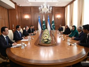 Uzbek president Shavkat Mirziyoyev (3rd L) during a meeting with his Pakistani counterpart Shahbaz Sharif (4th R) during a meeting on the Termez - Mazar-i-Sharif - Peshawar railway at the Conference on Cooperation and Confidence Building Measures in Asia, in Astana, Kazakhstan.