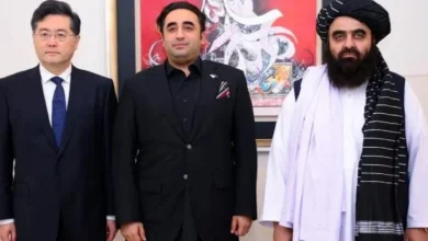Pakistan Foreign Minister Bilawal Bhutto Zardari (Middle), Chinese FM Qin Gang (Left) and Afghanistan's Taliban-appointed acting Foreign Minister Mawlawi Amir Khan Muttaqi (Right)