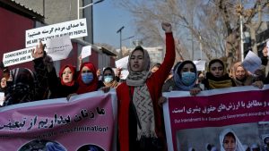 Afghan women shout slogans during a rally to protest against what the protesters say is Taliban restrictions on women, in Kabul, Afghanistan on December 28, 2021. Ali Khara/REUTERS
