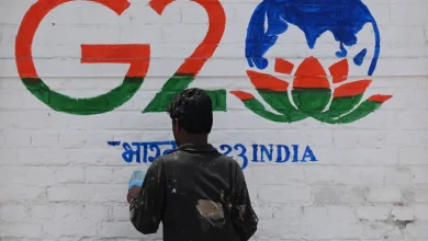 A man paints a wall with the G20 logo in the region's main city of Srinagar [Tauseef Mustafa/AFP]