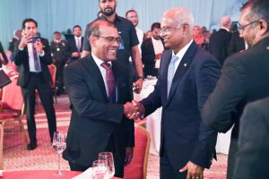 President Ibrahim Mohamed Solih (R) and Parliament Speaker Mohamed Nasheed (L) at the official ceremony to mark the 74th Republic Day of India. (Photo/President's Office)