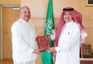 High Commissioner of Sri Lanka to India Milinda Moragoda presented a copy of the Sinhala translation of the Holy Quran to the Ambassador of Saudi Arabia to India Saleh Eid Al-Husseini today (16).