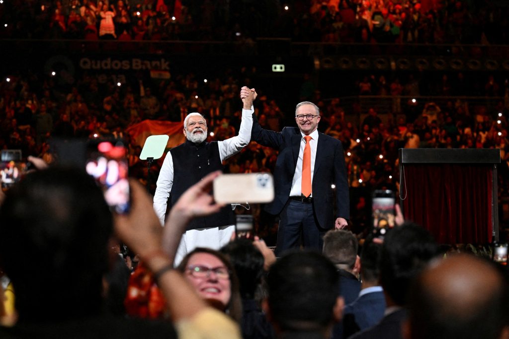 India's Prime Minister Narendra Modi and Australia's Prime Minister Anthony Albanese attend a community event at Qudos Bank Arena in Sydney, Australia May 23, 2023. AAP Image/Dean Lewins via REUTERSSYDNEY, May 24 (Reuters)