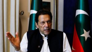 Former Pakistani Prime Minister Imran Khan, gestures as he speaks with Reuters during an interview, in Lahore, Pakistan March 17, 2023. REUTERS/Akhtar Soomro