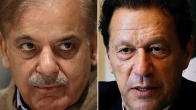 A composite photo showing ex-PM Imran Khan, right, and incumbent Shehbaz Sharif [File: Reuters]