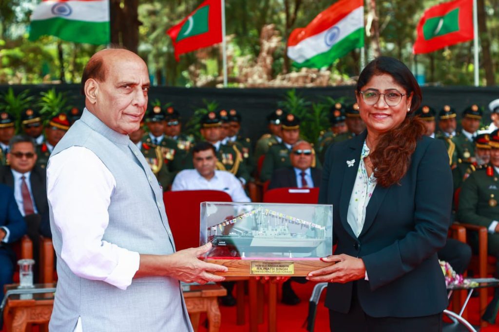 India's Defence Minister Rajnath Singh attends a guard of honour with his Maldivies counterpart Mariya Didi Image Courtesy Twitter/@rajnathsingh