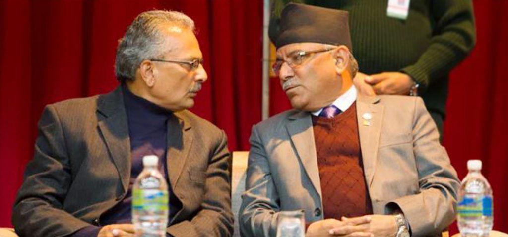 Chairman of CPN (Maoist Center) Pushpa Kamal Dahal and Chairman of Nepal Samajwadi Party, Dr Baburam Bhattarai.