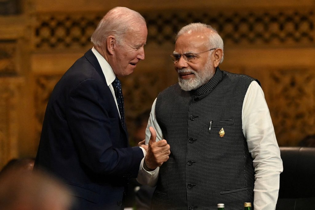 President of the US Joe Biden speaks with Prime Minister of India Narendra Modi at the G20 Summit opening session in Nusa Dua, Bali, Indonesia, Tuesday, Nov 15, 2022. REUTERS