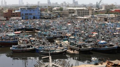View of anchored fishing boats, after ban imposed on coastal activities following the cyclonic storm, Biparjoy, over the Arabian Sea, at Karachi’s Fish Harbour, in Karachi, Pakistan June 10, 2023. REUTERS