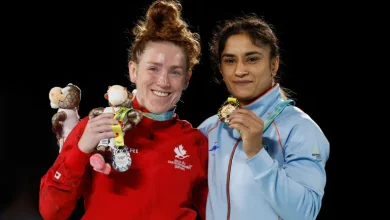 Phogat, right, is one of seven female athletes to have lodged a police case against Singh accusing him of sexually harassing them [File: Jason Cairnduff/Reuters]