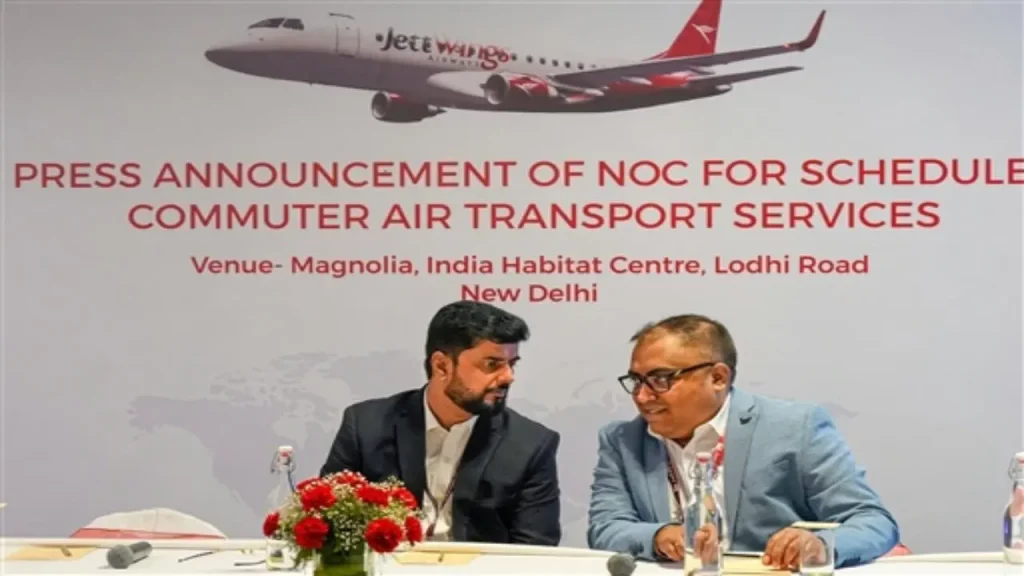 Jettwings Airways Chairperson Sanjiv Narain and Jettwings Airways Co Founder and CEO Sanjay Aditya Singh during a press conference organised to announce that the company has received the NOC to operate scheduled commuter services, in New Delhi, Wednesday, June 14, 2023. PTI Photo