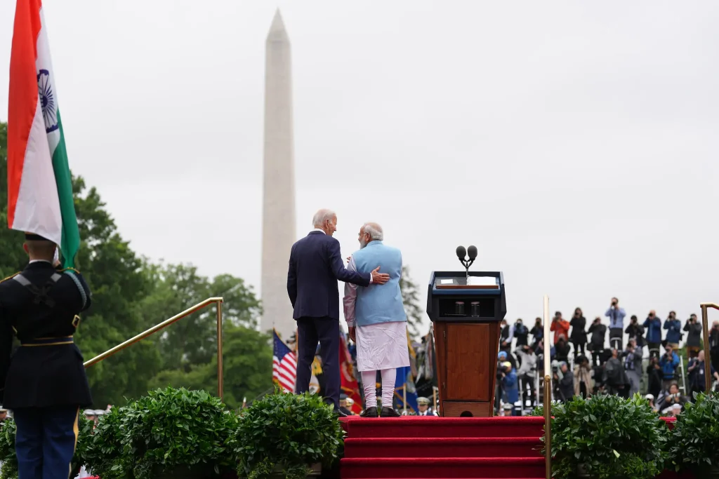 Mr. Modi with President Joe Biden last month. Behind the scenes, American officials say there has been more nudging of Mr. Modi about the importance of pluralism, along with other topics.Credit...Doug Mills/The New York Times