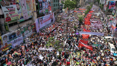 This photo taken on July 28, 2023 shows a part of gathering of the grand rally called by the main opposition Bangladesh Nationalist Party in front of its central office at Naya Paltan in Dhaka to press home the party’s one-point demand to resign the present government and hold the upcoming national election under a neutral government.