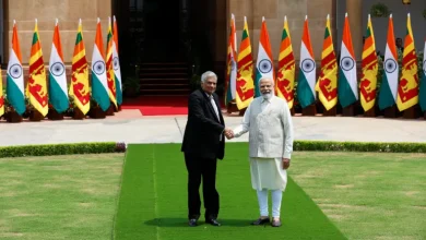 Sri Lanka's President Ranil Wickremesinghe shakes hands with India's Prime Minister Narendra Modi before their meeting at the Hyderabad House in New Delhi, India [Adnan Abidi/Reuters]