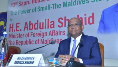 Foreign Minister Abdulla Shahid delivers address at the 43rd Sapru House Lecture at the Indian Council of World Affairs on July 11, 2023. (Photo/Foreign Ministry)