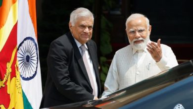 India's Prime Minister Narendra Modi and Sri Lanka's President Ranil Wickremesinghe stand together, on the day of their meeting at the Hyderabad House in New Delhi, India, July 21, 2023. REUTERS/Adnan Abidi