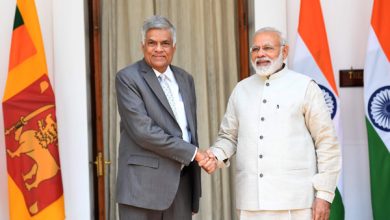 Indian Prime Minister Narendra Modi shakes hands with Sri Lankan Prime Minister Ranil Wickremesinghe prior to a meeting in New Delhi today. The Sri Lanka Prime Minister is on five-day official visit to India. AFP