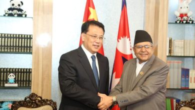 Visiting Chinese leader Yuan Jiajun with Speaker Devraj Ghimire in Kathmandu on Monday. Photo courtesy: Speaker’s Secretariat