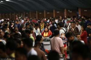 A crowd of people departing Nepal and their relatives pictured at the Tribhuvan International Airport in Kathmandu on Friday evening. Hemanta Shrestha/TKP