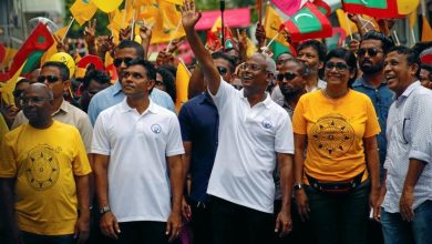 Ibrahim Mohamed Solih, the opposition candidate for the presidency, with supporters at his final campaign rally