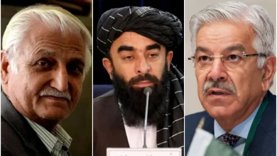 PPP leader Fathatullah Babar, Taliban spokesperson Zabihullah Mujahid and Pakistan Defence Miniser Khawaja Asif. —AFP/Twitter/File