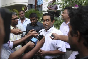 FILE - Abdullah Yameen speaks to the media outside his home in Male, Maldives, July 3, 2010. The highest court in the Maldives on Sunday, Aug. 6, 2023 rejected a plea from the country’s jailed former president that he be made eligible to contest next month’s presidential election. (AP Photo/Sinan Hussain, file)