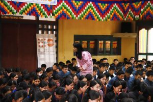 Her Majesty interacting with the students of Damphu Middle Secondary School and Damphu Central School