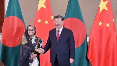 Prime Minister Sheikh Hasina and Chinese President Xi Jinping exchange greetings before their talks at Hilton Hotel in Johannesburg, South Africa on Wednesday, August 23, 2023. Photo: Focus Bangla