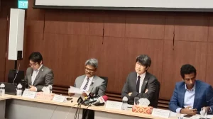 The image shows State Minister Md Shahriar Alam and Japanese Ambassador Iwama Kiminori at a roundtable meeting in Dhaka on Saturday, August 26, 2023. Photo: Nurul Islam Hasib/Dhaka Tribune