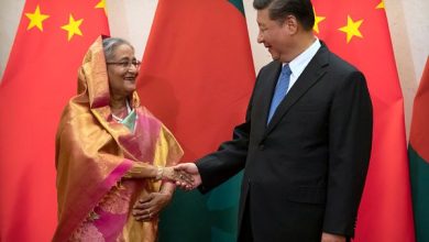 Bangladesh’s Prime Minister Sheikh Hasina, left, shakes hands with Chinese President Xi Jinping as she arrives for a meeting at the Diaoyutai State Guesthouse in Beijing, July 5, 2019. Credit: AP Photo/Mark Schiefelbein, Pool