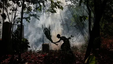 A farmer tries to stop a fire in an abandoned farming land amid a drought in Anamaduwa, Sri Lanka Aug 20,2023. REUTERS