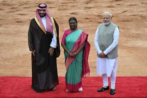 President Droupadi Murmu, PM Narendra Modi and Saudi Arabia's Crown Prince and PM Mohammed bin Salman at the Rashtrapati Bhavan on Monday. (Express photo by Anil Sharma)