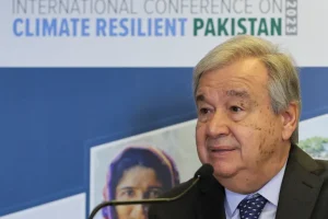 UN Secretary-General Antonio Guterres speaks at a summit on climate resilience in Pakistan [File: Denis Balibouse/Reuters]