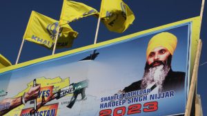 A mural features the image of late Sikh leader Hardeep Singh Nijjar, who was slain on the grounds of the Guru Nanak Sikh Gurdwara temple in June 2023, in Surrey, British Columbia, Canada September 18, 2023. REUTERS/Chris Helgren