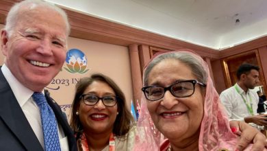 Prime Minister Sheikh Hasina, along with her daughter Saima Wazed Putul, smile for a selfie being taken by US President Joe Biden in a lighthearted moment on the sidelines of the “One Earth” session at the G20 Leaders’ Summit 2023 on Saturday (9 September) in India’s New Delhi. Photo: PMO