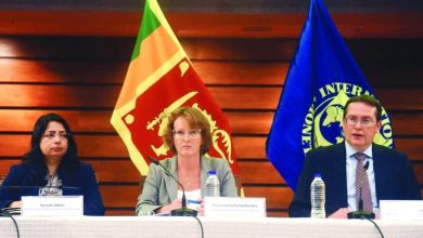 Visiting International Monetary Fund team senior mission chief Peter Breuer (right), deputy mission chief Katsiaryna Svirydzenka (centre) and IMF and resident representative Sarwath Jahan address a press conference in Colombo yesterday.