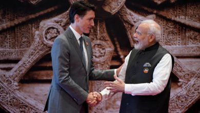 Indian Prime Minister Narendra Modi welcomes Canada Prime Minister Justin Trudeau upon his arrival at Bharat Mandapam convention center for the G20 Summit, in New Delhi, India, Saturday, Sept. 9, 2023. Evan Vucci/Pool via REUTERS