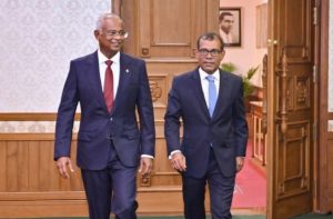 Parliament Speaker Mohamed Nasheed (R) meets with President Ibrahim Mohamed Solih (L) at the President's Office on September 24, 2023.