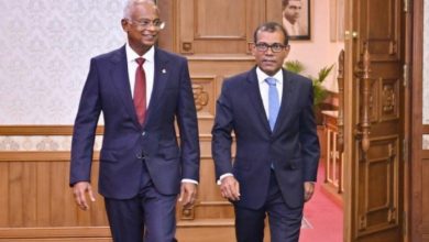 Parliament Speaker Mohamed Nasheed (R) meets with President Ibrahim Mohamed Solih (L) at the President's Office on September 24, 2023.