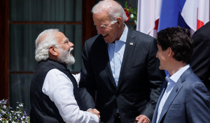 Canada's Prime Minister Justin Trudeau (R) looks on as US President Joe Biden (C) greets India's Prime Minister Narendra Modi (L) at the G7 summit in Germany. (AFP photo)