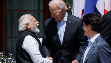 Canada's Prime Minister Justin Trudeau (R) looks on as US President Joe Biden (C) greets India's Prime Minister Narendra Modi (L) at the G7 summit in Germany. (AFP photo)
