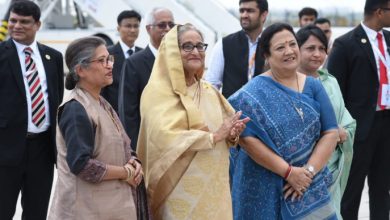 Prime Minister Sheikh Hasina was received by Indian State Minister for Railways & Textiles Darshana Jardosh at the Indira Gandhi International Airport in New Delhi on Friday. Photo: X handle of Darshana Jardosh